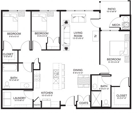 Floor plan for 3 beds, 2 baths, 1324 sqft
